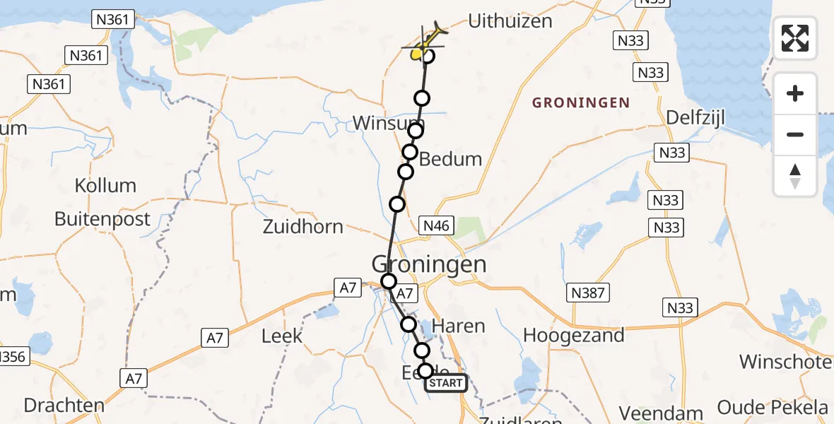 Routekaart van de vlucht: Lifeliner 4 naar Warffum, Veldkampweg