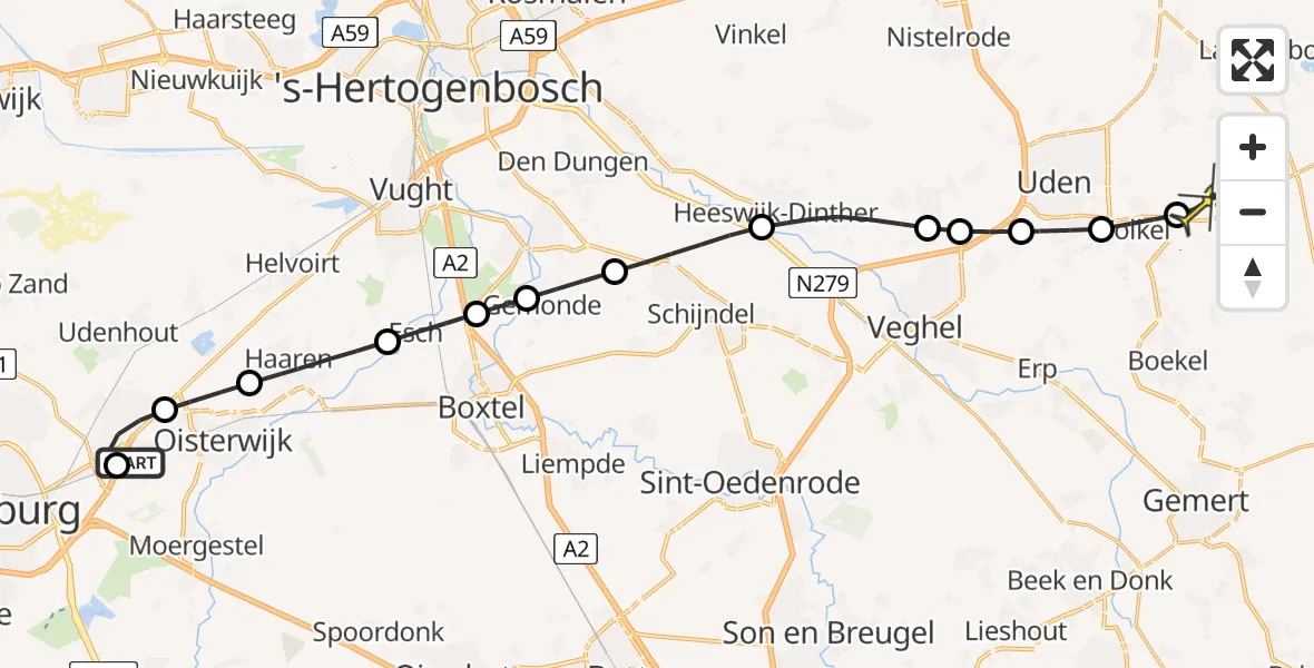 Routekaart van de vlucht: Lifeliner 3 naar Vliegbasis Volkel, Sint Caeciliastraat