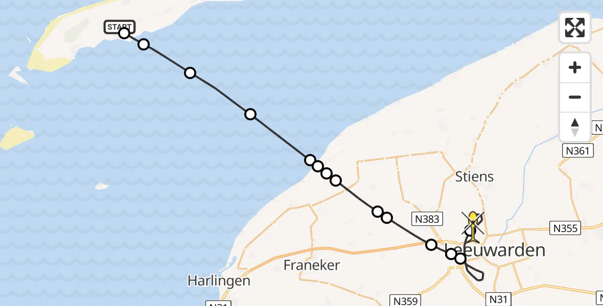 Routekaart van de vlucht: Ambulancehelikopter naar Vliegbasis Leeuwarden, Seerijp