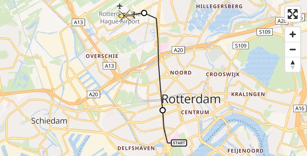 Routekaart van de vlucht: Lifeliner 2 naar Rotterdam The Hague Airport, 's-Gravendijkwal