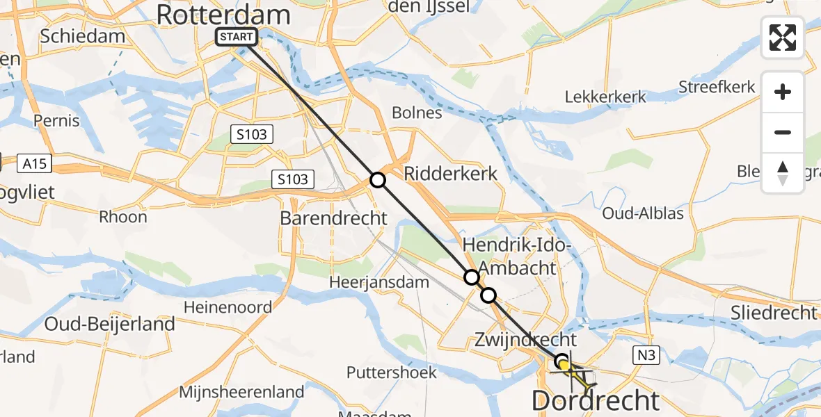 Routekaart van de vlucht: Lifeliner 2 naar Dordrecht, Binnenhavenbrug