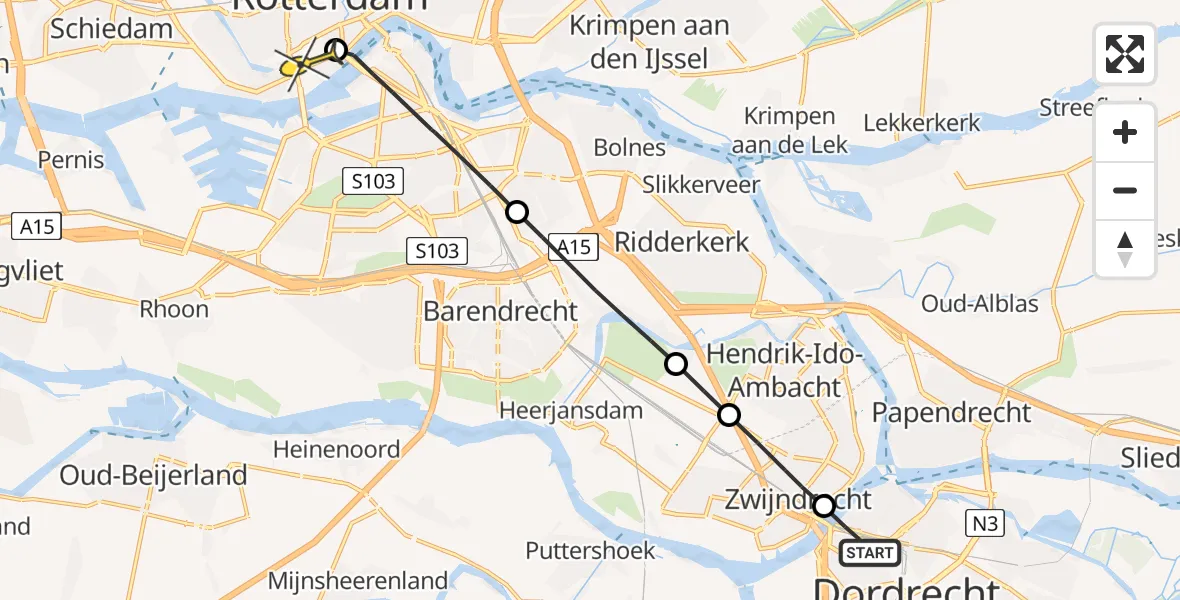 Routekaart van de vlucht: Lifeliner 2 naar Erasmus MC, Onderdijkserijweg