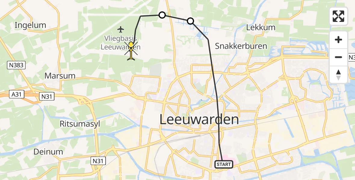 Routekaart van de vlucht: Ambulancehelikopter naar Vliegbasis Leeuwarden, Aldlânsdyk