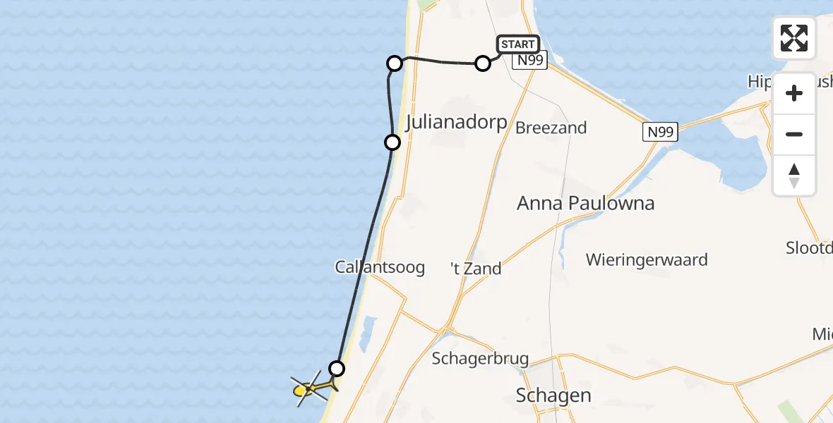 Routekaart van de vlucht: Kustwachthelikopter naar Petten, Kortevliet