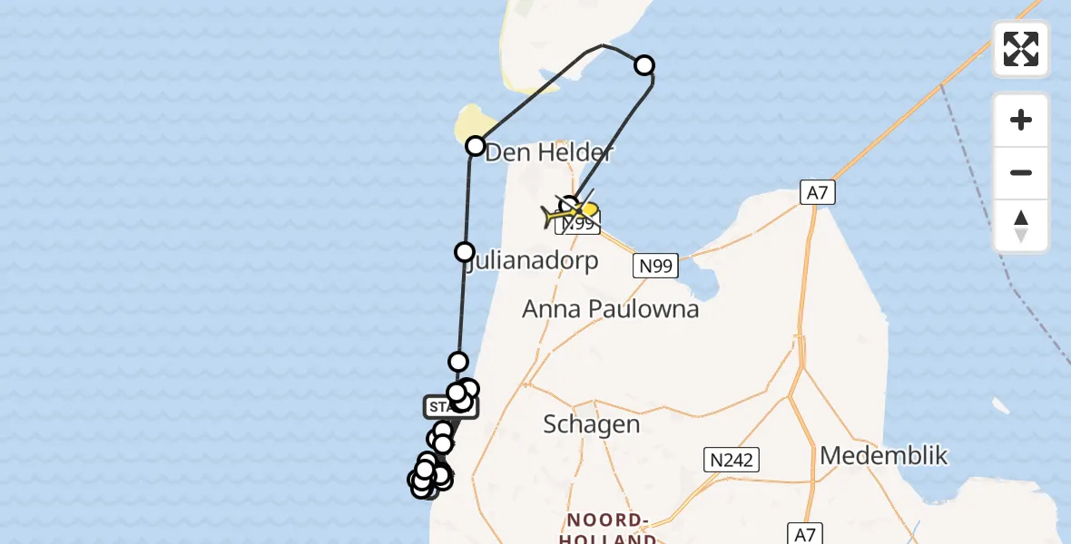 Routekaart van de vlucht: Kustwachthelikopter naar Vliegveld De Kooy, Westerduinweg