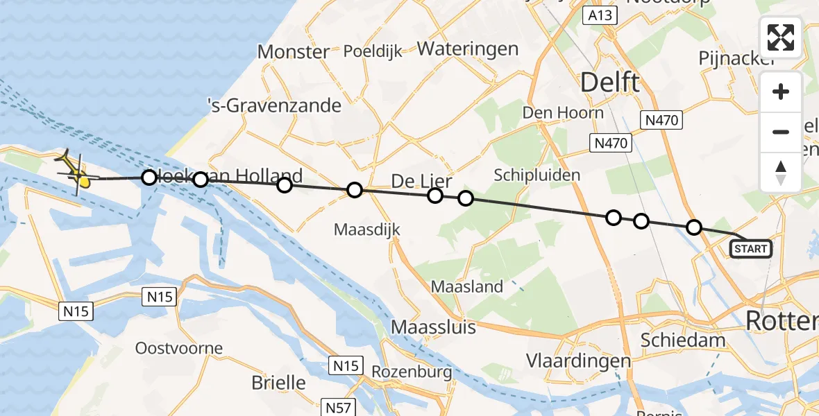 Routekaart van de vlucht: Lifeliner 2 naar Maasvlakte, Schieveensedijk