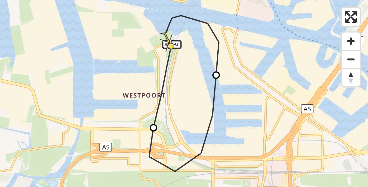Routekaart van de vlucht: Lifeliner 1 naar Amsterdam Heliport, Nieuw-Zeelandweg