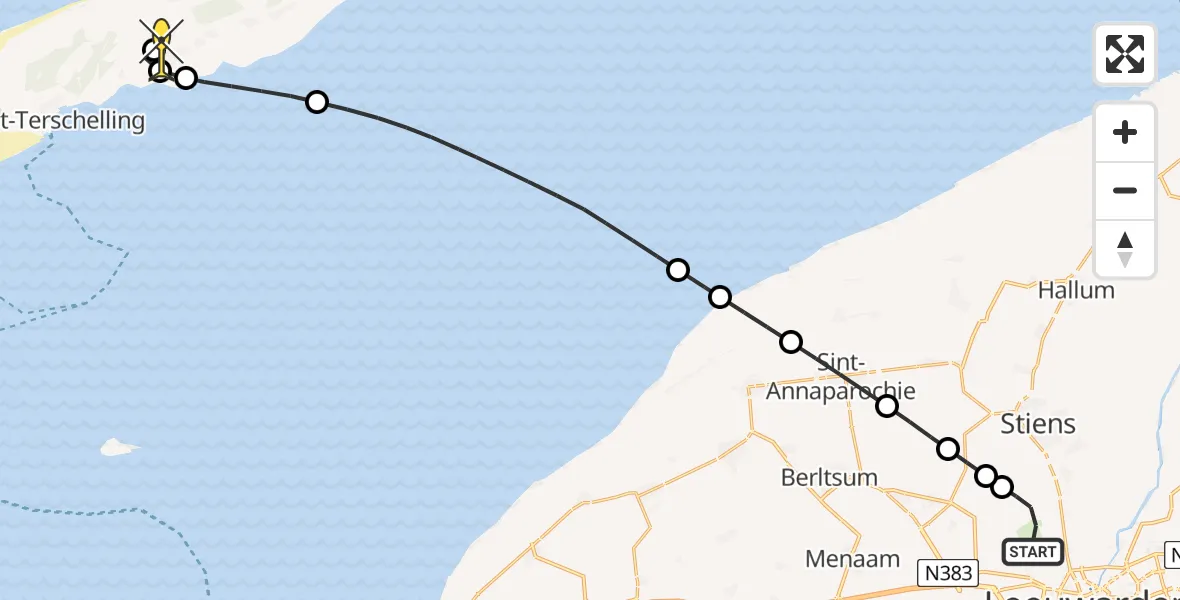 Routekaart van de vlucht: Ambulancehelikopter naar Midsland, Keegsdijkje