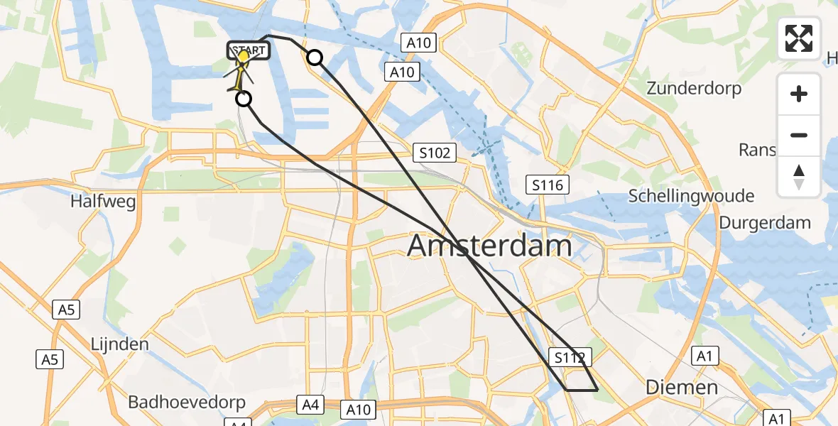 Routekaart van de vlucht: Lifeliner 1 naar Amsterdam Heliport, Westhavenweg