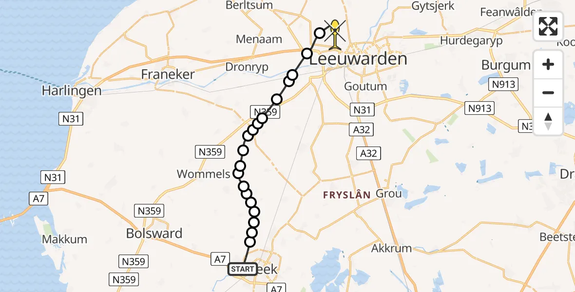 Routekaart van de vlucht: Ambulanceheli naar Vliegbasis Leeuwarden, Harinxmalaan