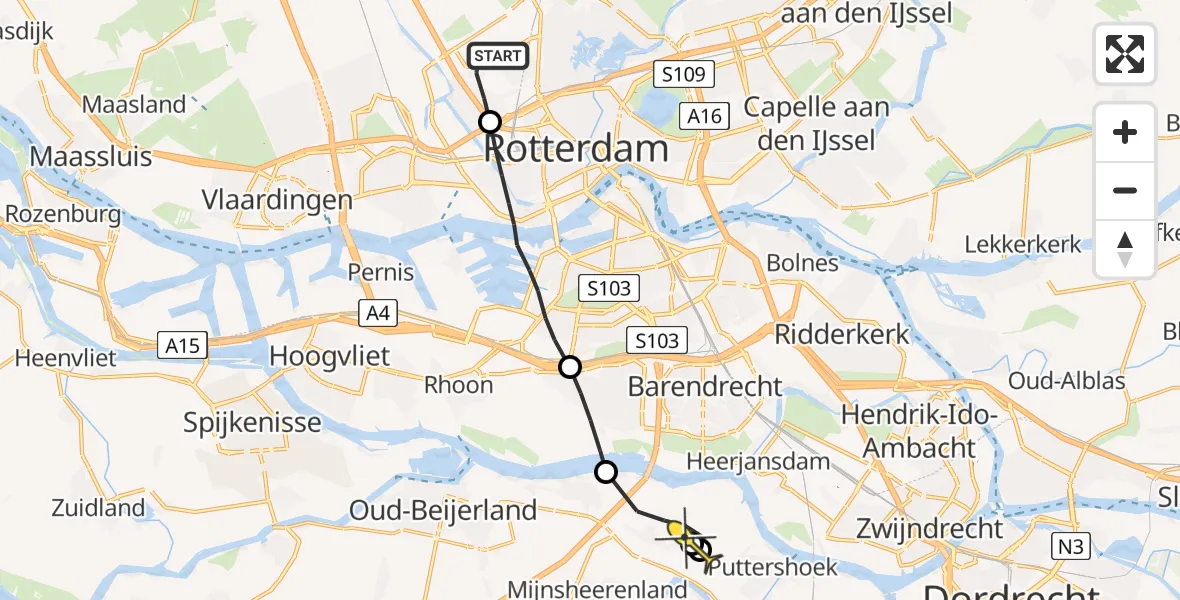 Routekaart van de vlucht: Lifeliner 2 naar Heinenoord, Landzichtstraat