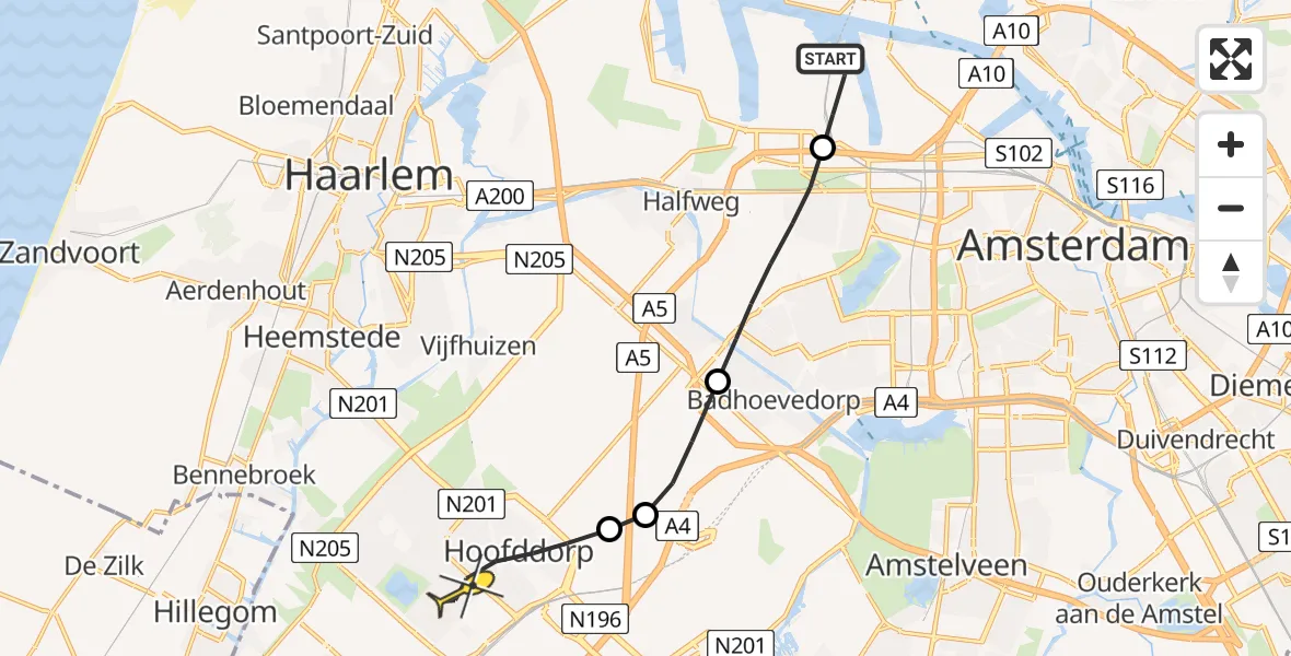 Routekaart van de vlucht: Lifeliner 1 naar Hoofddorp, Rhodosweg