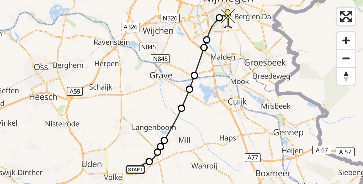 Routekaart van de vlucht: Lifeliner 3 naar Radboud Universitair Medisch Centrum, Zeelandsedijk