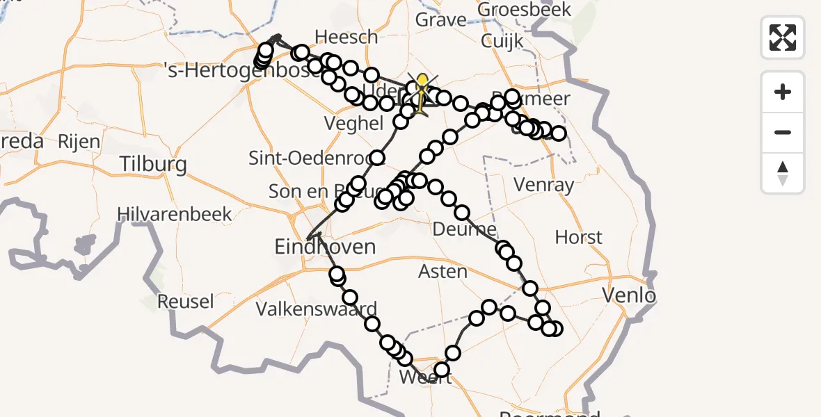 Vluchtroute Politiehelikopter van Vliegbasis Volkel naar Vliegbasis Volkel