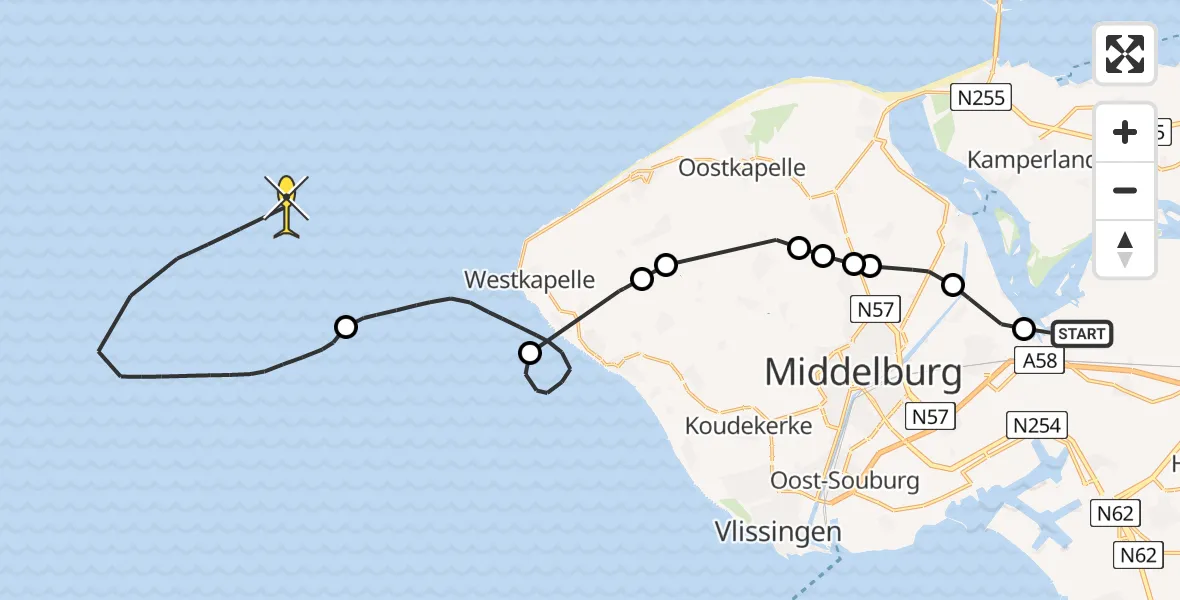 Routekaart van de vlucht: Kustwachthelikopter naar Zandkreekplaatweg