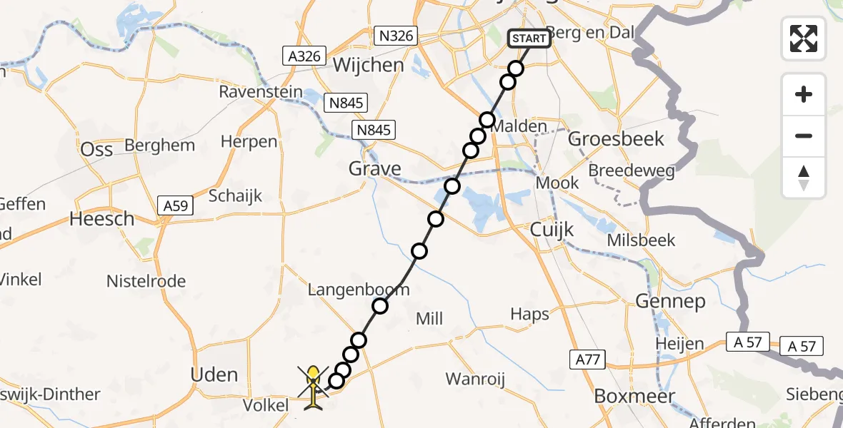Routekaart van de vlucht: Lifeliner 3 naar Vliegbasis Volkel, Baljuwstraat