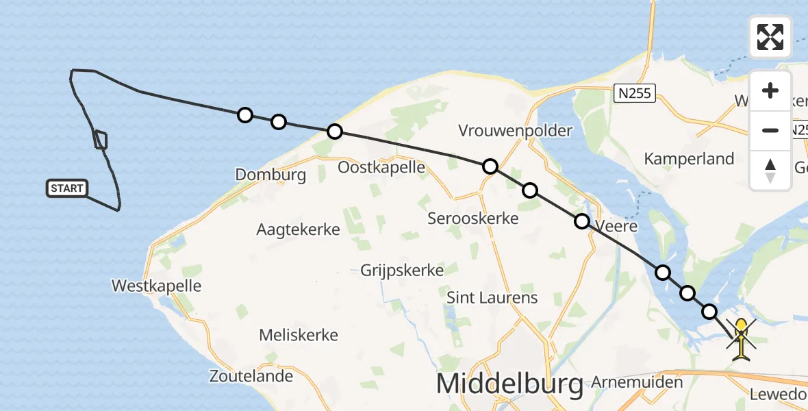 Routekaart van de vlucht: Kustwachthelikopter naar Vliegveld Midden-Zeeland, Domburger Rassen