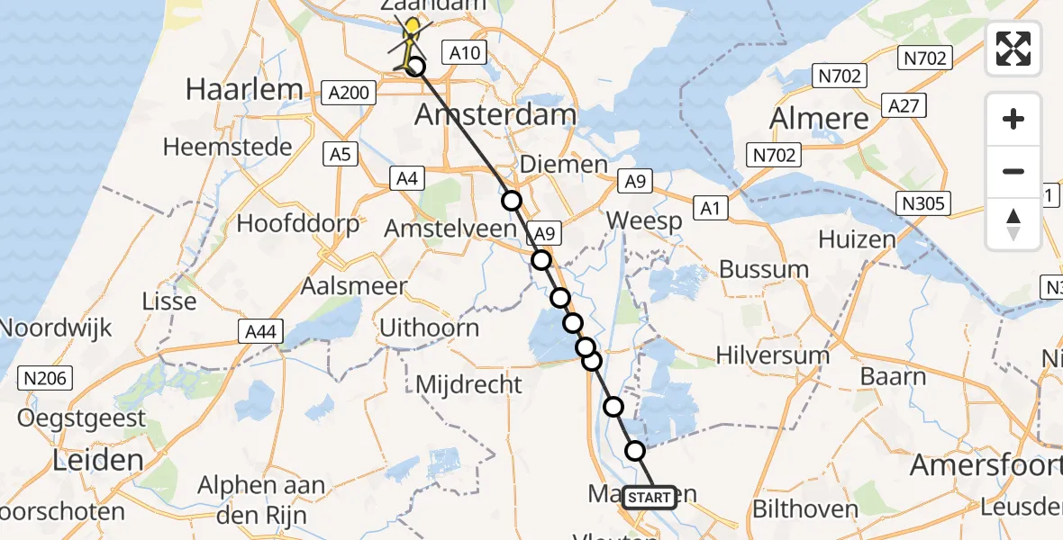 Routekaart van de vlucht: Lifeliner 1 naar Amsterdam Heliport, Europalaan