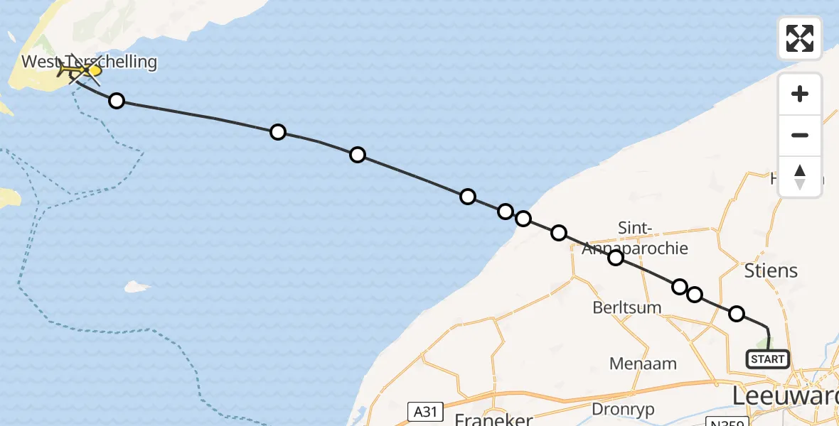Routekaart van de vlucht: Ambulancehelikopter naar West-Terschelling, Keegsdijkje