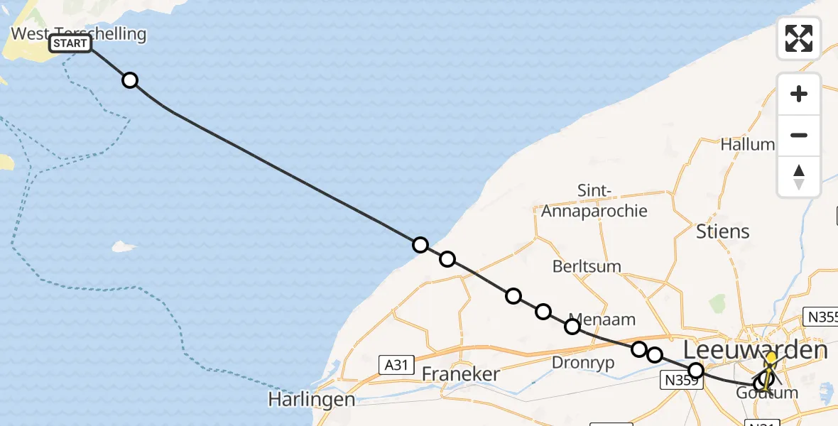 Routekaart van de vlucht: Ambulanceheli naar Leeuwarden, De Vleugel