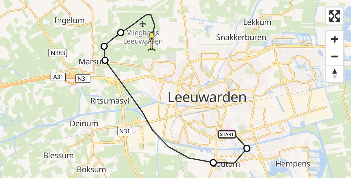 Routekaart van de vlucht: Ambulancehelikopter naar Vliegbasis Leeuwarden, Dobbehôf