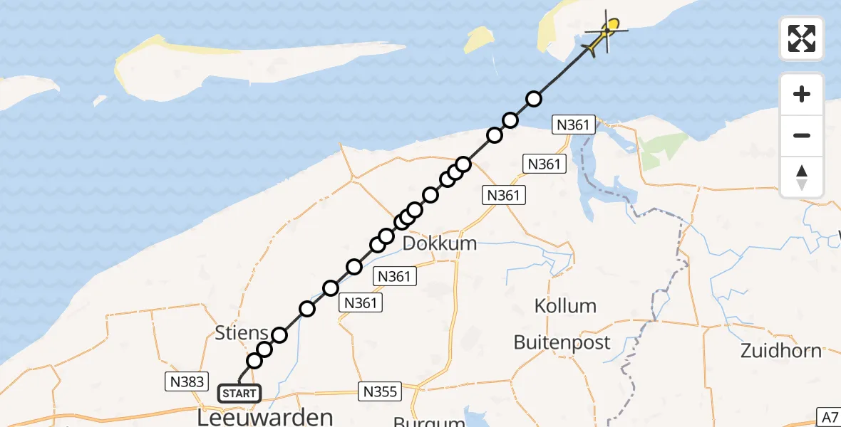 Routekaart van de vlucht: Ambulanceheli naar Schiermonnikoog, Keegsdijkje