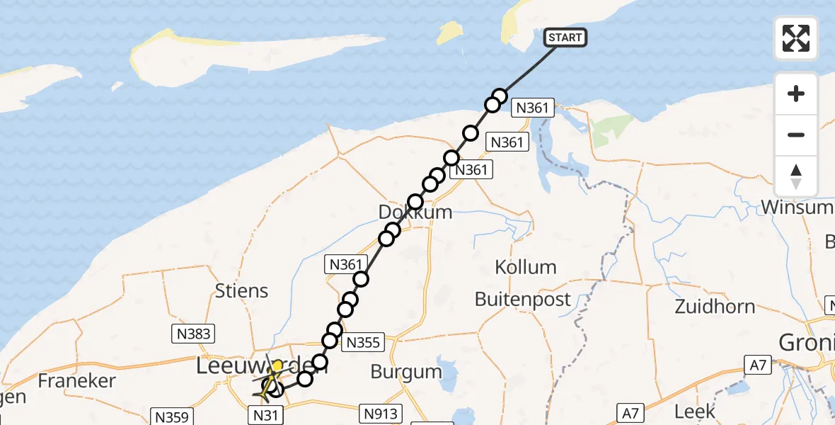 Routekaart van de vlucht: Ambulancehelikopter naar Leeuwarden, Groote Siege