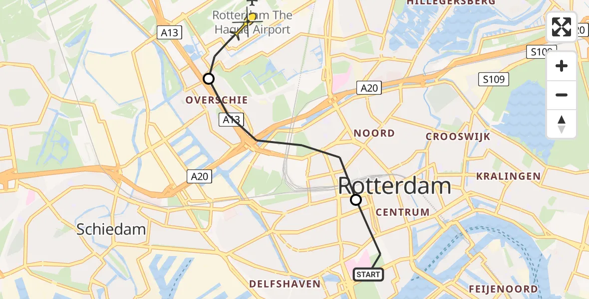 Routekaart van de vlucht: Lifeliner 2 naar Rotterdam The Hague Airport, Diergaardesingel