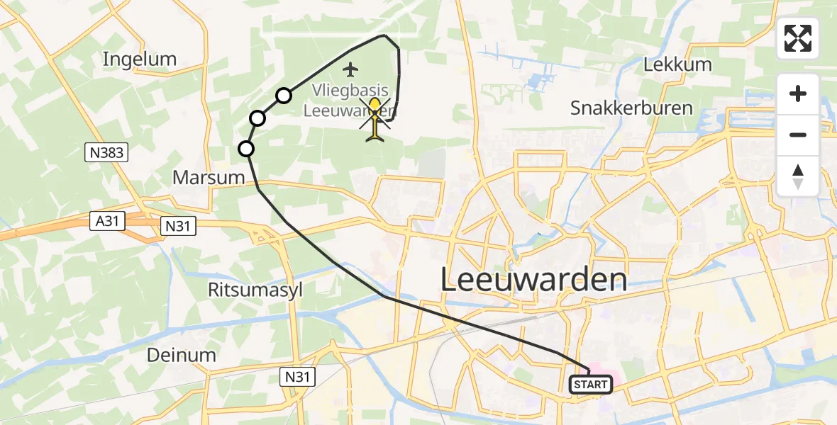 Routekaart van de vlucht: Ambulanceheli naar Vliegbasis Leeuwarden, Van Loonstraat