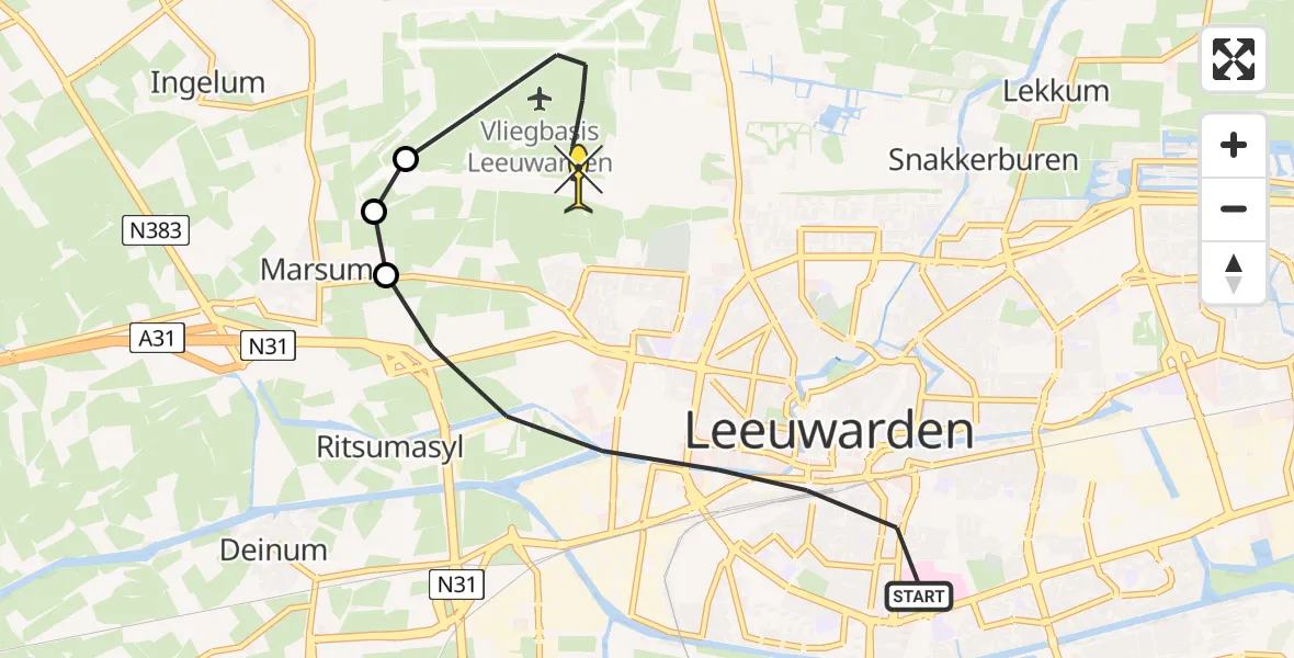 Routekaart van de vlucht: Ambulancehelikopter naar Vliegbasis Leeuwarden, Zuidersingel