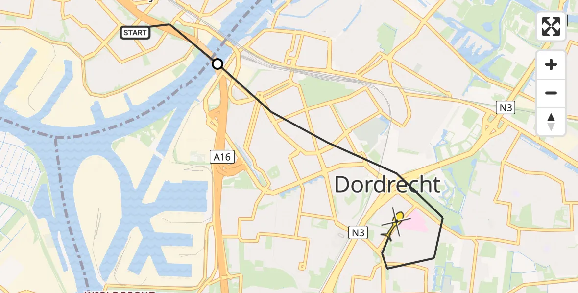 Routekaart van de vlucht: Lifeliner 2 naar Dordrecht, Weeskinderendijk Beneden
