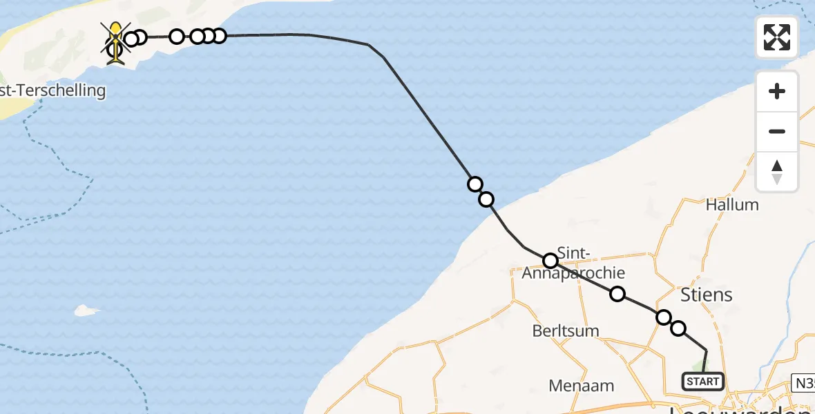 Routekaart van de vlucht: Ambulancehelikopter naar Midsland, Keegsdijkje