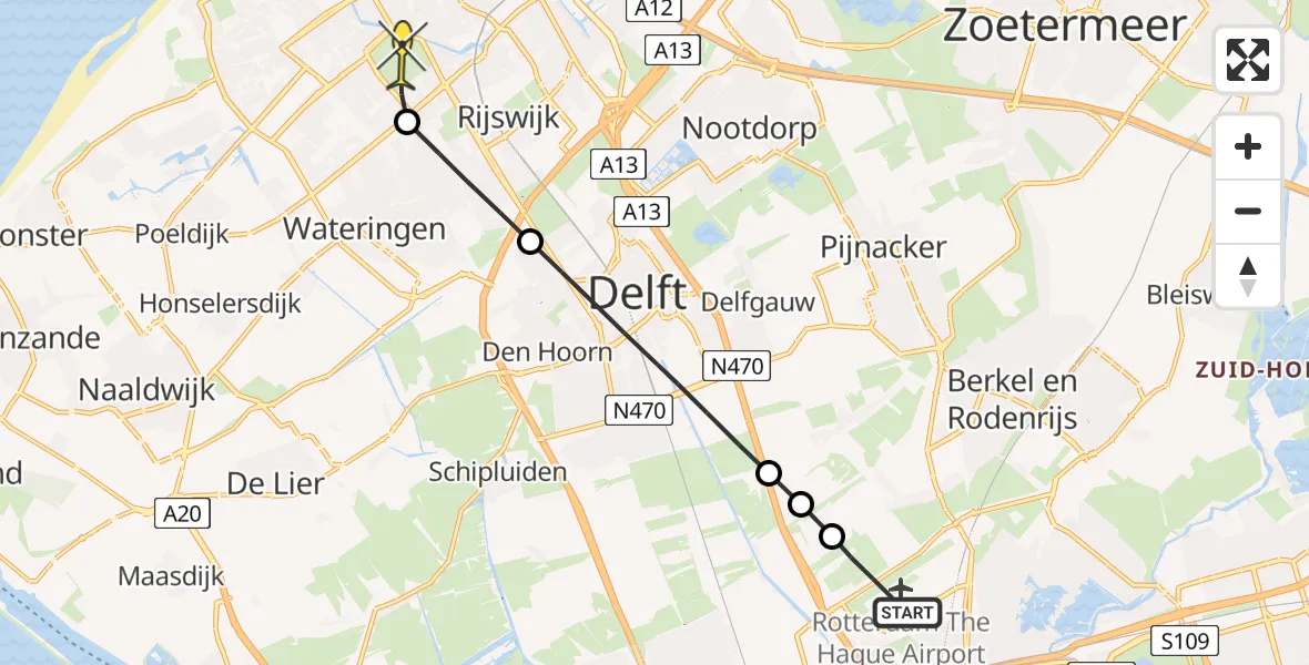Routekaart van de vlucht: Lifeliner 2 naar Den Haag, Schieveense polder