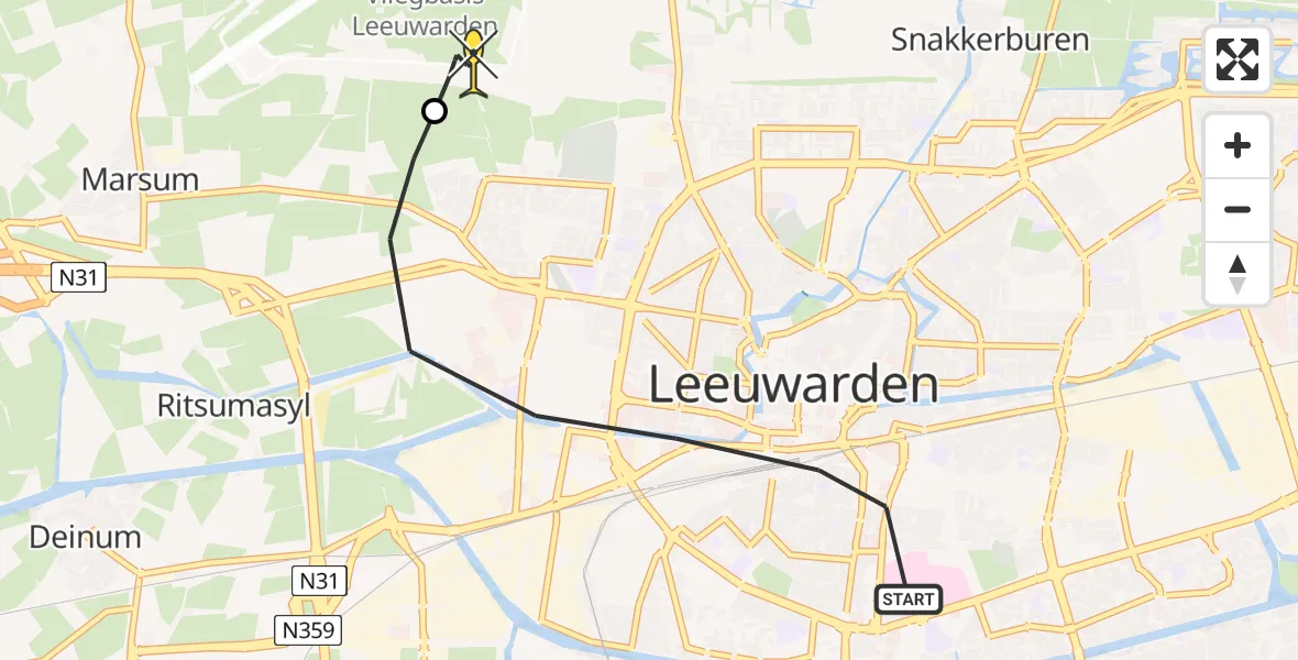 Routekaart van de vlucht: Ambulanceheli naar Vliegbasis Leeuwarden, Hollanderdijk