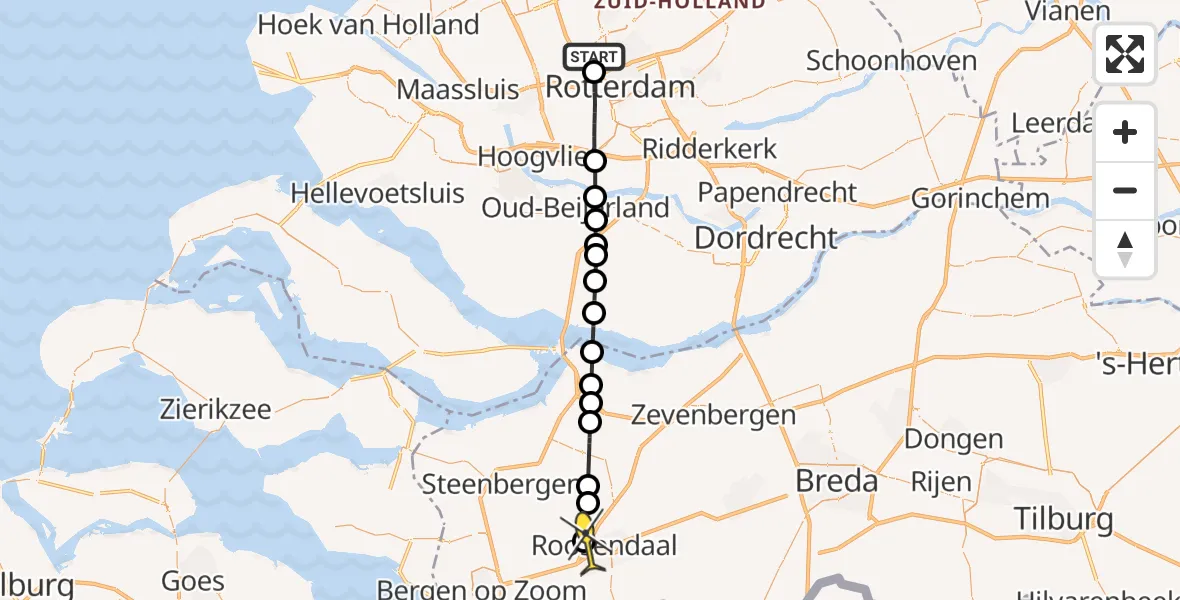 Routekaart van de vlucht: Lifeliner 2 naar Roosendaal, Fairoaksbaan