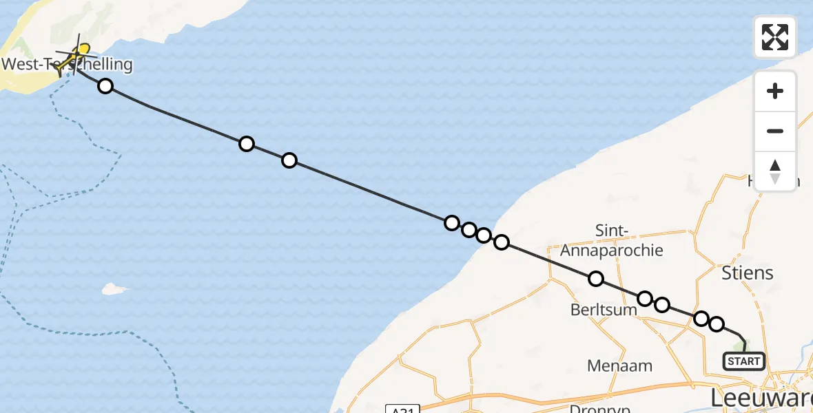 Routekaart van de vlucht: Ambulanceheli naar West-Terschelling, Bitgumerlân