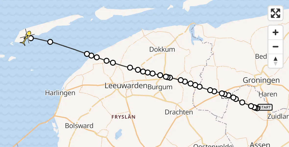 Routekaart van de vlucht: Lifeliner 4 naar West-Terschelling, Veldkampweg