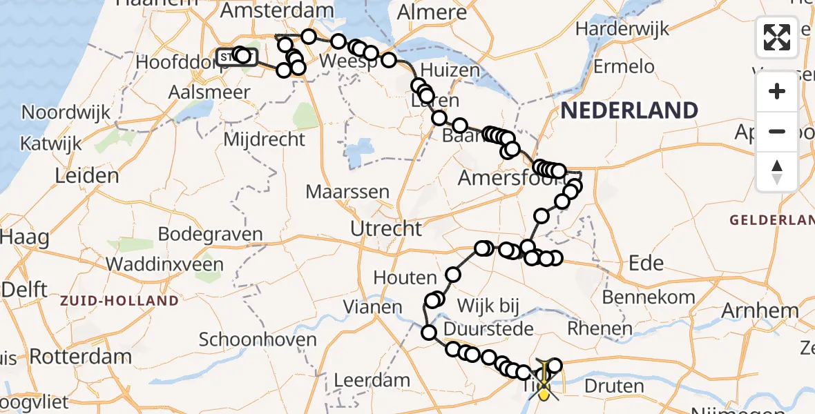 Routekaart van de vlucht: Politiehelikopter naar Tiel, Aalsmeer
