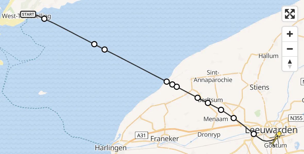 Routekaart van de vlucht: Ambulanceheli naar Leeuwarden, De Vleugel