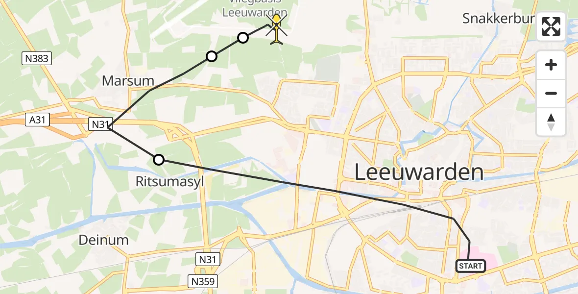 Routekaart van de vlucht: Ambulanceheli naar Vliegbasis Leeuwarden, Zuidersingel