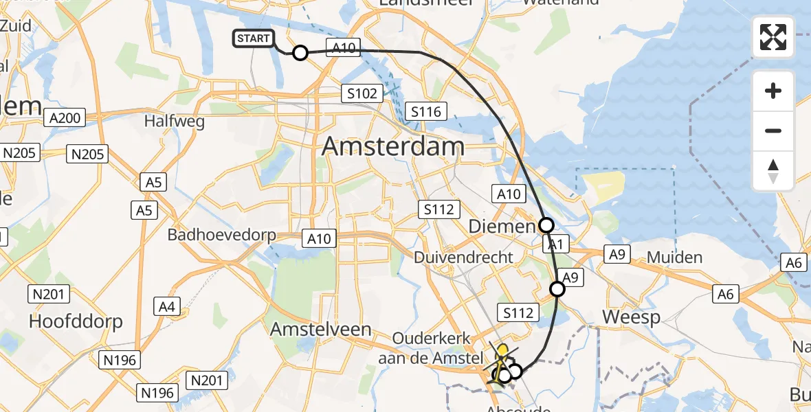 Routekaart van de vlucht: Lifeliner 3 naar Academisch Medisch Centrum (AMC), Kompasweg