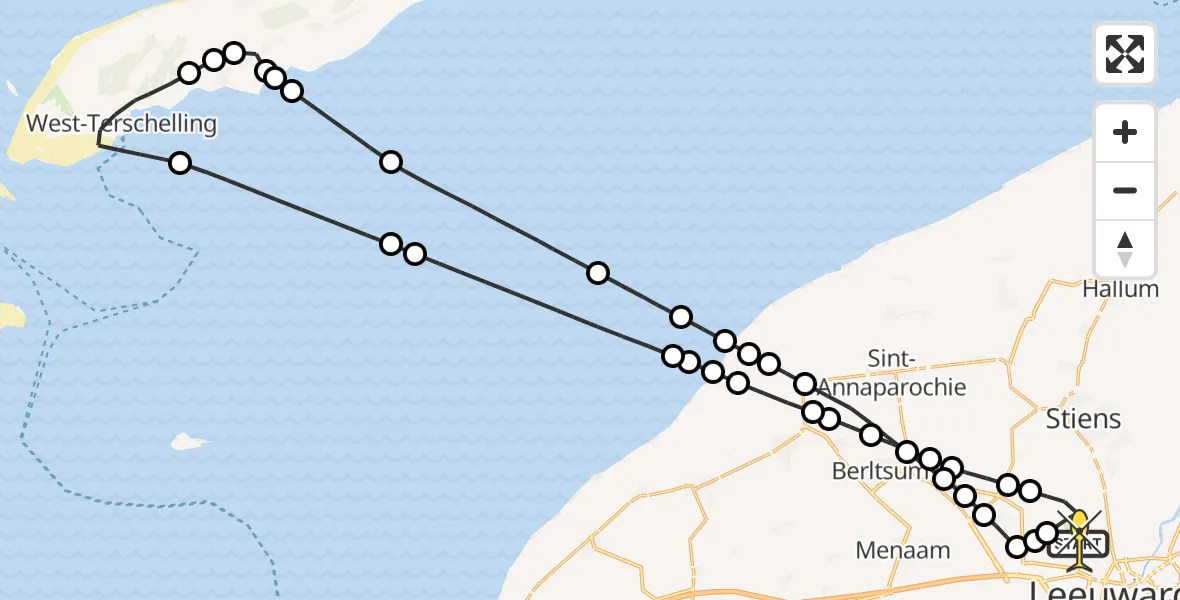 Vluchtroute Ambulancehelikopter van Vliegbasis Leeuwarden naar Vliegbasis Leeuwarden