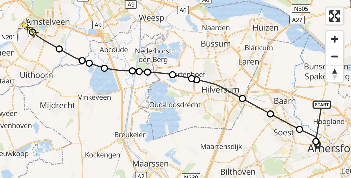 Routekaart van de vlucht: Politieheli naar Aalsmeer, Amsterdamseweg