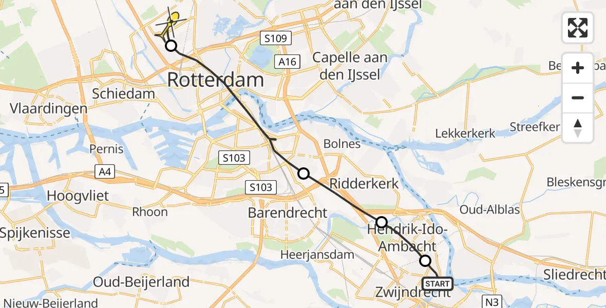 Routekaart van de vlucht: Lifeliner 2 naar Rotterdam The Hague Airport, Kwelder