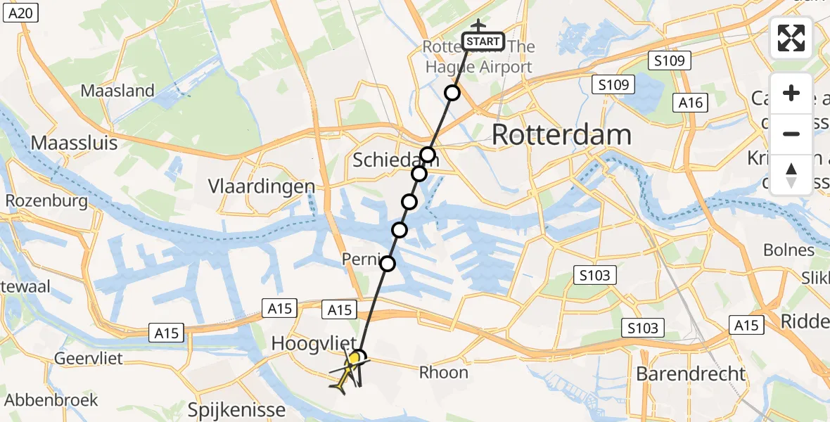 Routekaart van de vlucht: Lifeliner 2 naar Hoogvliet, Schipholstraat