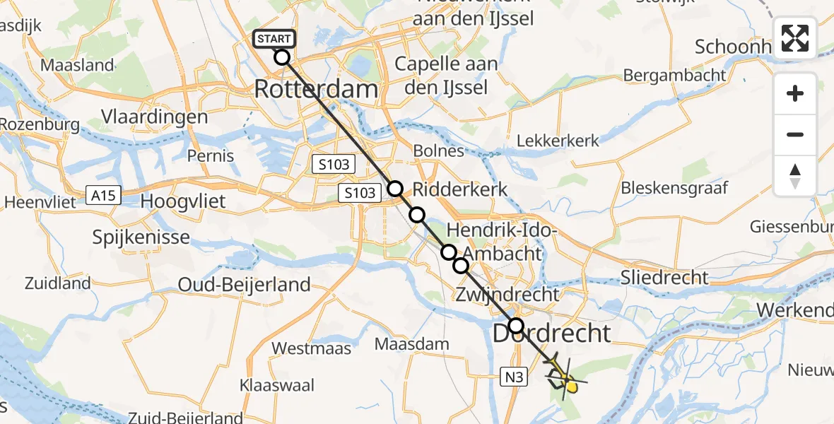 Routekaart van de vlucht: Lifeliner 2 naar Dordrecht, Rijs-en-daalpad