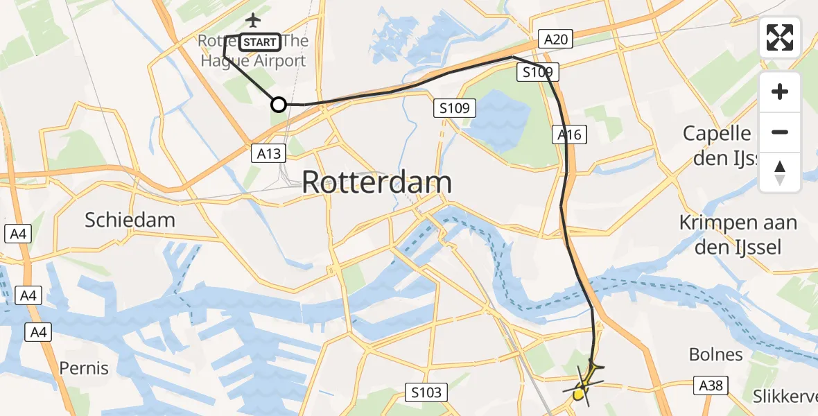 Routekaart van de vlucht: Lifeliner 2 naar Rotterdam, Linatebaan