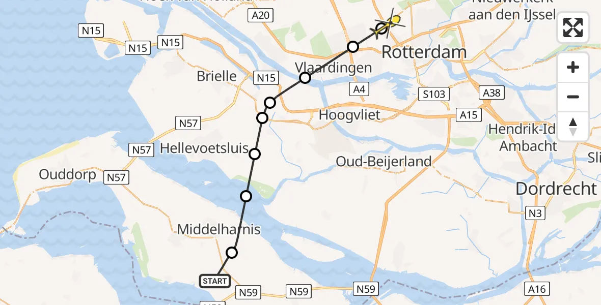 Routekaart van de vlucht: Lifeliner 1 naar Rotterdam The Hague Airport, Molendijk