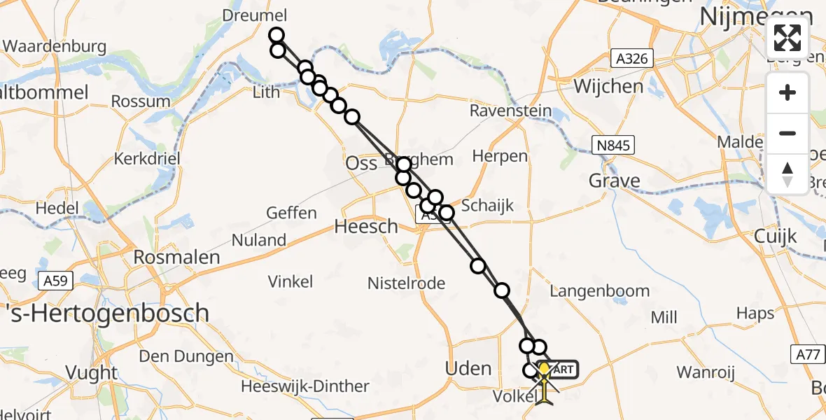 Routekaart van de vlucht: Lifeliner 3 naar Vliegbasis Volkel, Boekelsedijk