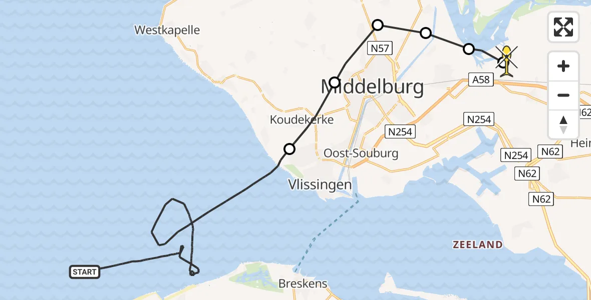 Routekaart van de vlucht: Kustwachthelikopter naar Vliegveld Midden-Zeeland, Wielingen